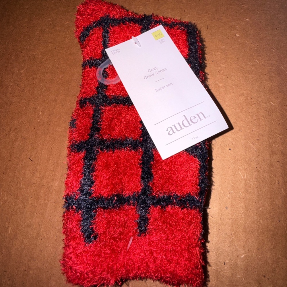 Auden Cozy Crew Socks 3 PAIRS Women 4-10 NEW Red Black Grid Fuzzy Super Soft
